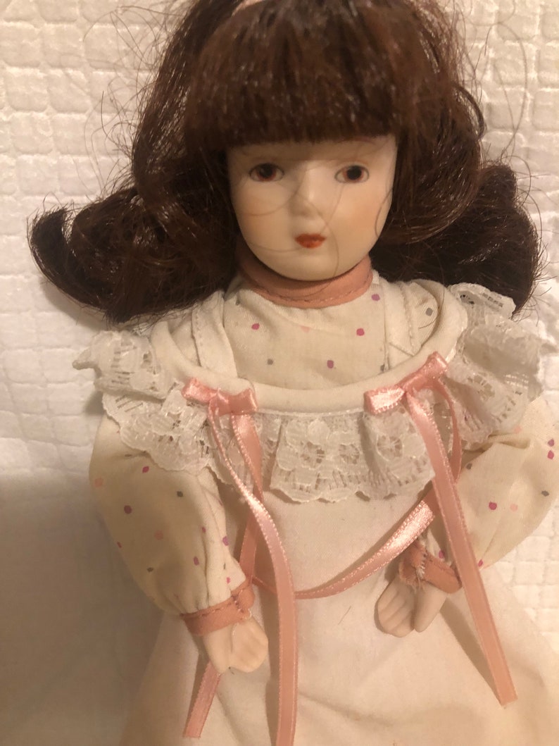 Porcelain Doll 8 1/2 Brown Hair Brown Eyes image 2