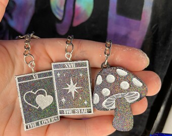 Holographic Tarot card keychains | holographic mushroom keychain | resin keychains | witchy keychains