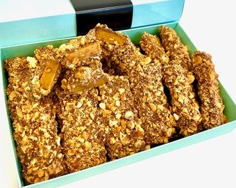 Gourmet English Toffee Sticks.  Crunchy English Toffee Doused in Gourmet Milk Chocolate and Rolled in Roasted Almonds