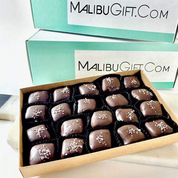 Salted Caramel Candies in our Fancy Candy Box.  Gourmet Dark Chocolate surrounds our Caramel ChewsTopped with Sea Salt.