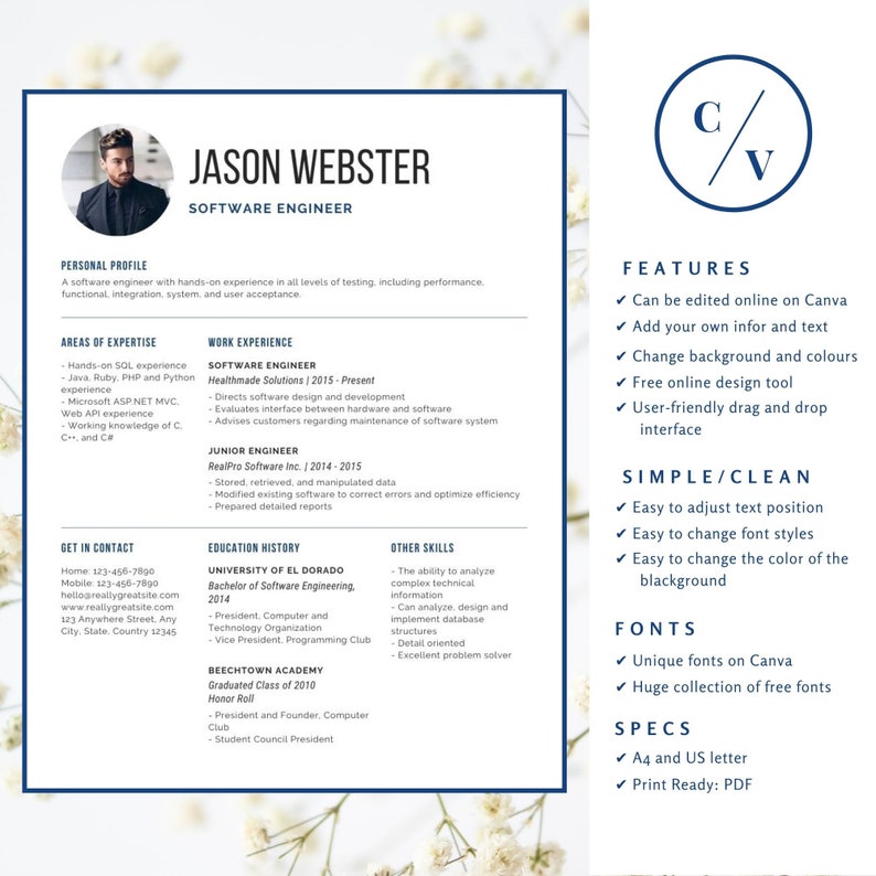 Clean Minimal Resume CV Template Modern Cv Resume Canva Template Student Teacher Nurse Accountant Resume CV 1 Page Resume CV Word Design