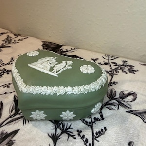 Vintage Wedgwood Sage Green Jasperware Trinket Box, Large 5 Inch Lidded Box, White Relief, Made in England