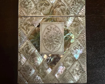 Antique Victorian Mother of Pearl Card Case c.1880-1900 | Hand Engraved Abalone Calling Card Case Pocket Notebook