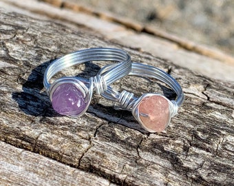 Silver Wire Gemstone Rings, Custom Made Silver Wire Rings, Crystal Rings, Wire Wrapped Gemstone Rings