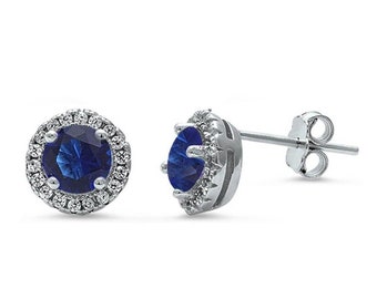 Blue and White Sapphire Halo Stud Earrings in Solid Sterling Silver