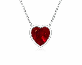Genuine Ruby Bezel Heart Solitaire Pendant Necklace - .85 ct.