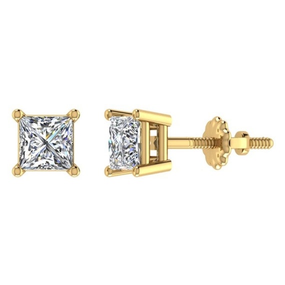 Genuine Diamond Stud Screw Back Earrings - 14k Yellow or White Gold in Gift  Box