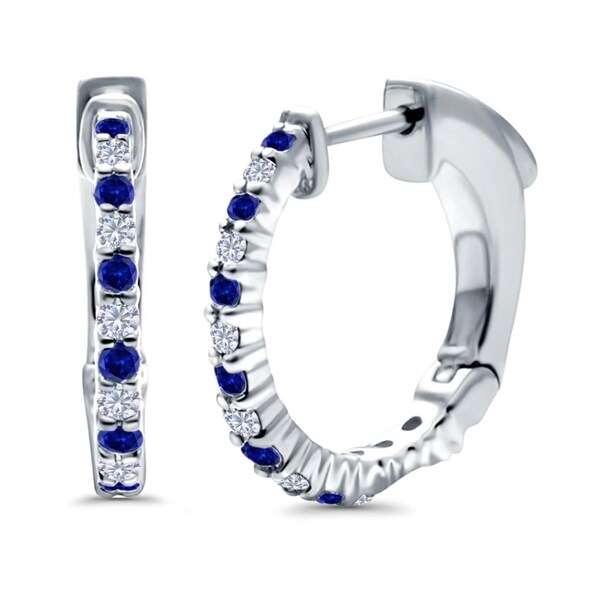 Blue & White Sapphire Small Hoop Earrings in Solid Sterling Silver