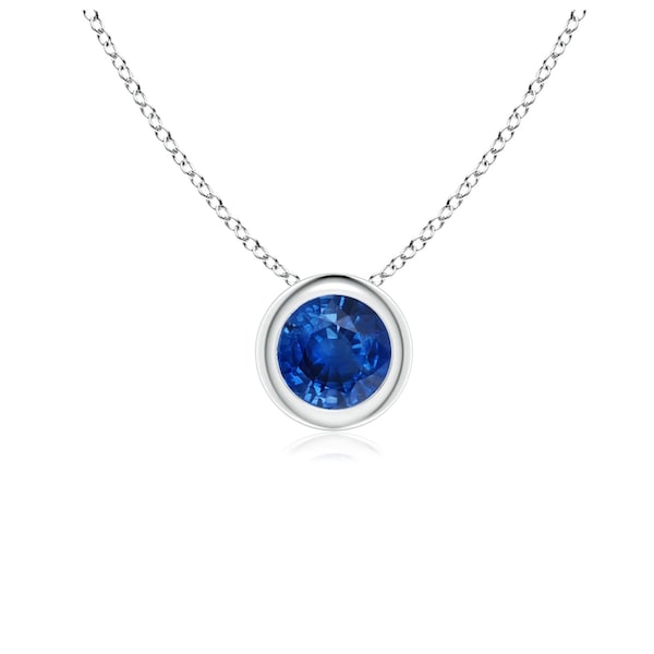 Bezel Set Blue Sapphire Floating Pendant Necklace - 18k White Gold/Sterling Silver