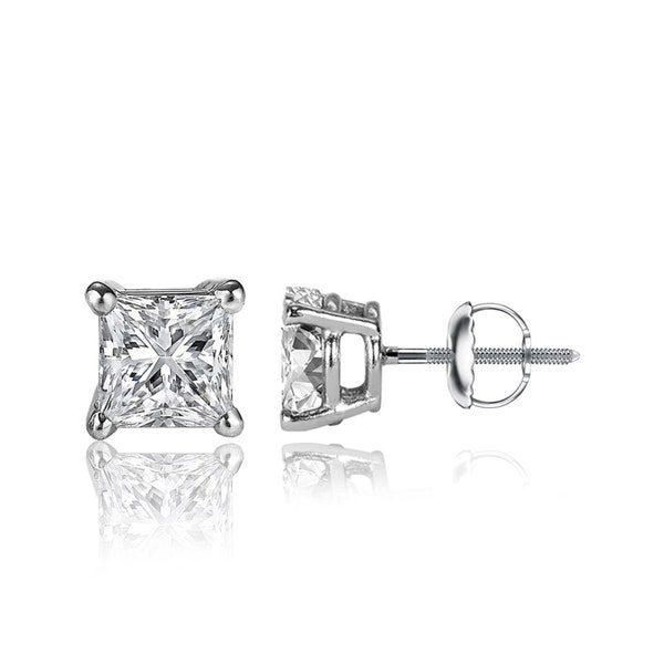 White SapphirePrincess Stud Screw back Earrings in 14k White Gold/Sterling Silver