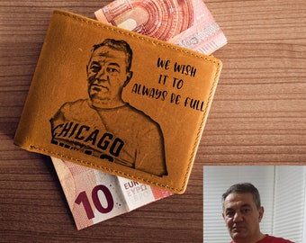 Cartera de cuero personalizada con foto grabada, regalo del Día del Padre para él, cartera para hombre, cartera plegable personalizada, regalo para novio, regalo para papá primerizo