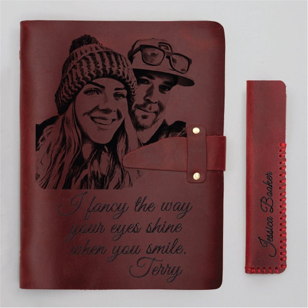 Genuine Leather Journal, REFILLABLE Personalized - Custom Photo Picture Engraved  A5 NotebookValentines  day gift, Handwriting gift