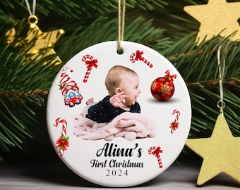 Baby&#39;s First Christmas Photo Ornament - Personalized First Christmas Santa Ornament - Custom Photo Baby  Ornament