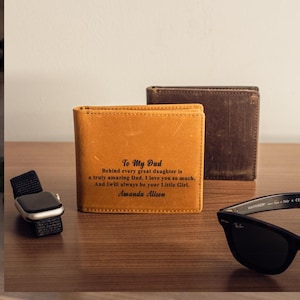 Cartera de cuero personalizada para papá primerizo, regalo de Navidad de la esposa, billetera plegable personalizada con monograma grabado con foto para hombre