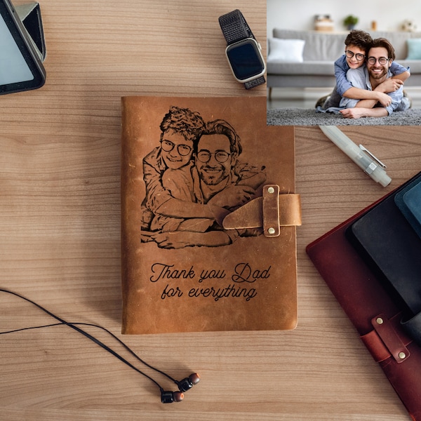 Genuine Leather Journal, REFILLABLE Personalized - Custom Photo Picture Engraved A5 Notebook gift For Father's day, Handwriting gift for DAD