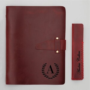 REFILLABLE Personalized Genuine Leather Company Logo Journal and Pen Sleeve, Name engraving Gifts, Father&#39;s day gift Set,Set gift for Dad