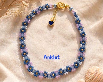 Beaded Flower Anklet: Blue and lavender, adjustable with heart charm.