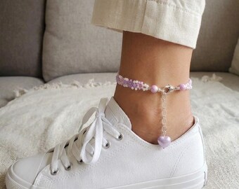 Beaded Anklet. Lavender  and purple flowers on a white background. Adjustable with heart clasp and charm