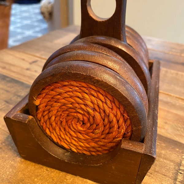 Retro vintage burnt orange rope coasters