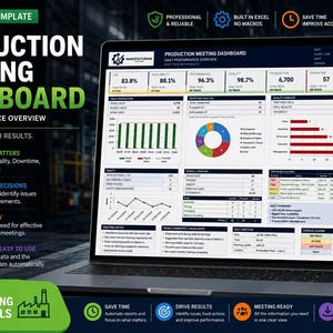 Pode incluir: Uma tela de laptop exibindo um modelo de Excel para um painel de reunião de produção. A interface apresenta métricas de desempenho, um gráfico de pizza, gráficos de barras e tabelas de dados para monitoramento diário de produção e qualidade.