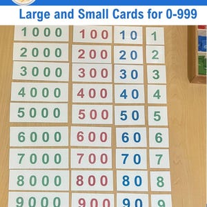 Könnte beinhalten: Ein Satz Montessori-inspirierter Zahlenkarten zum Unterrichten von Kindern über Zahlen. Die Karten sind farbcodiert und zeigen die Zahlen 1-9, 10-90 und 100-900. Die Karten sind in Reihen auf einer Holzoberfläche angeordnet.