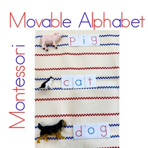 May include: A Montessori educational toy set featuring a "Movable Alphabet" with the words "pig", "cat", and "dog" spelled out using letter tiles. The image includes small animal figurines of a pig, cat, and dog. The word "Montessori" is written vertically.