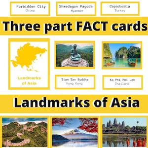 May include: A collage of images showcasing famous landmarks in Asia. The top row features the Forbidden City in China, the Shwedagon Pagoda in Myanmar, and Cappadocia in Turkey. The middle row shows a map of Asia with the text "Landmarks of Asia", the Tian Tan Buddha in Hong Kong, and Ko Phi Phi Leh in Thailand. The bottom row features the Great Wall of China, Mount Fuji in Japan, and Angkor Wat in Cambodia.