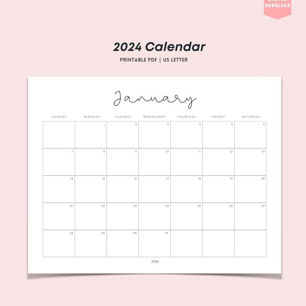 2024 Calendar, Printable, Minimalist Simple Calendar, 11 x 8.5 inches, Horizontal Pages