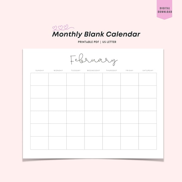 Monthly Blank Calendar(Sunday-Start), Simple Calendar, 11 x 8.5 inches, Horizontal Printable Calendar Pages, PDF Printable, Instant Download