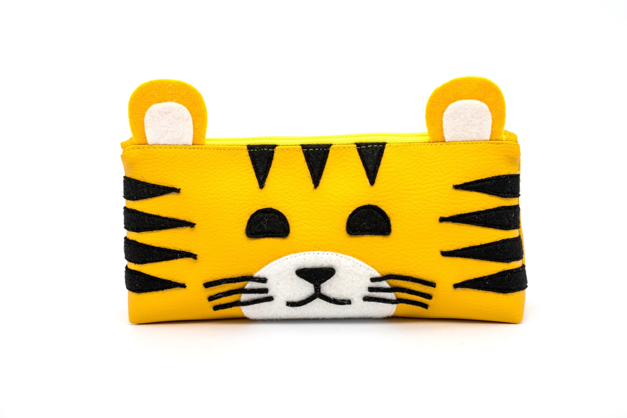 Trousse Scolaire Tigre Jaune en Simili Cuir Pour Stylos et Crayons