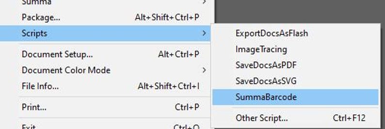 Peut inclure: Capture d'&eacute;cran d'un menu logiciel. L'option "Scripts" est mise en &eacute;vidence en bleu clair. Le sous-menu affiche des options telles que "ExportDocsAsFlash", "ImageTracing", "SaveDocsAsPDF", "SaveDocsAsSVG" et "SummaBarcode".
