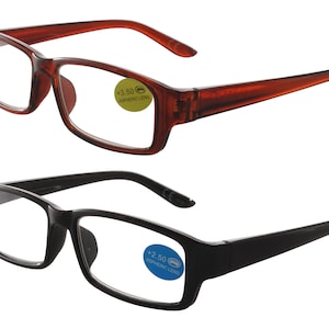 May include: Two pairs of reading glasses with rectangular frames. The top pair has brown frames and +3.50 aspheric lenses. The bottom pair has black frames and +2.50 aspheric lenses.
