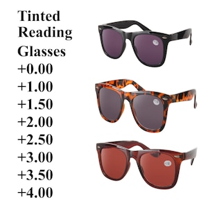 May include: Three pairs of tinted reading glasses with different coloured lenses. The top pair is black, the middle pair is tortoiseshell, and the bottom pair is brown. The lenses are all tinted and the glasses have a +0.00, +1.50, and +3.50 magnification.