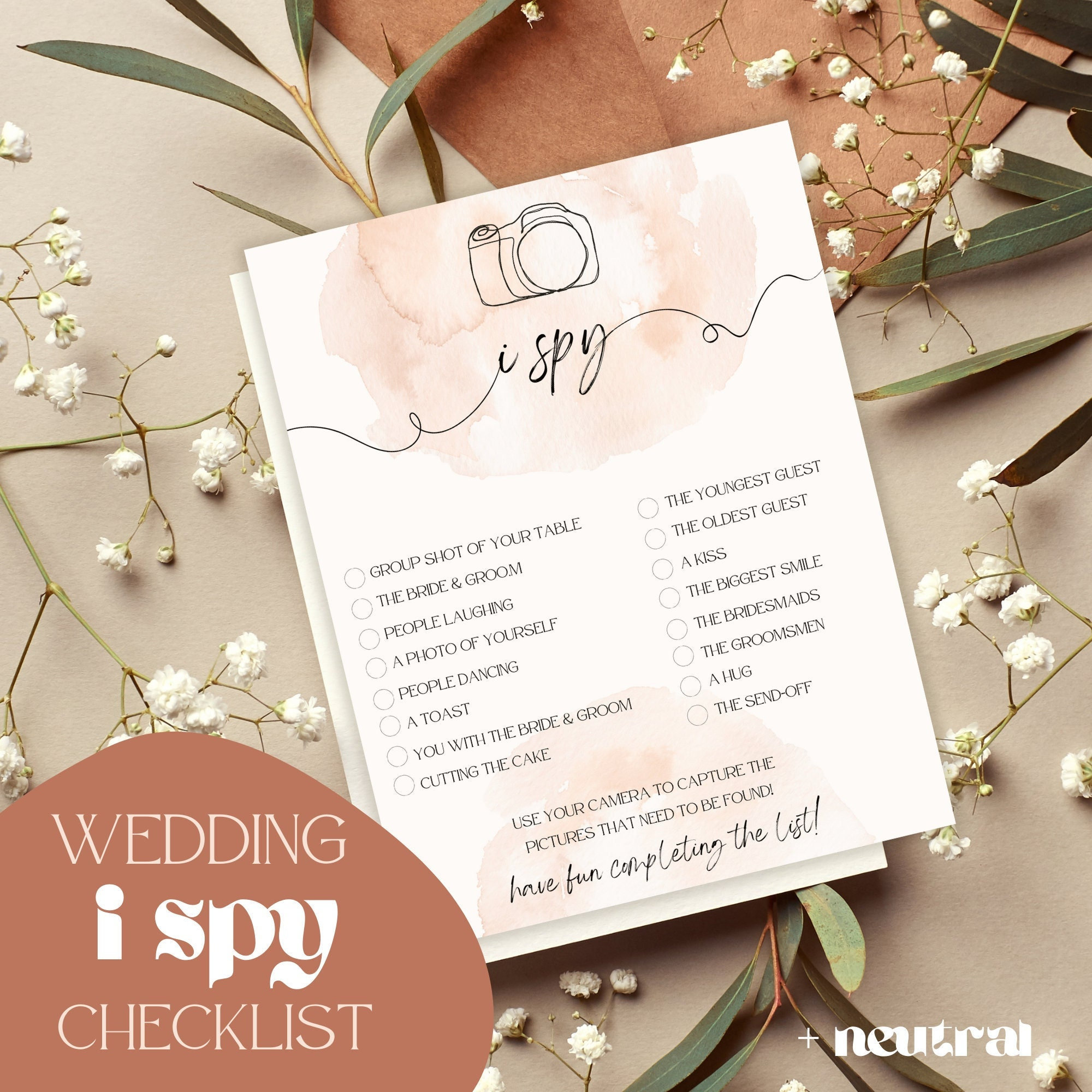 Watercolor I Spy Wedding Scavenger Hunt Printable for Disposable