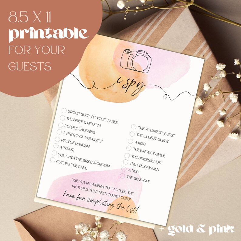 Watercolor I Spy Wedding Scavenger Hunt Printable for Disposable