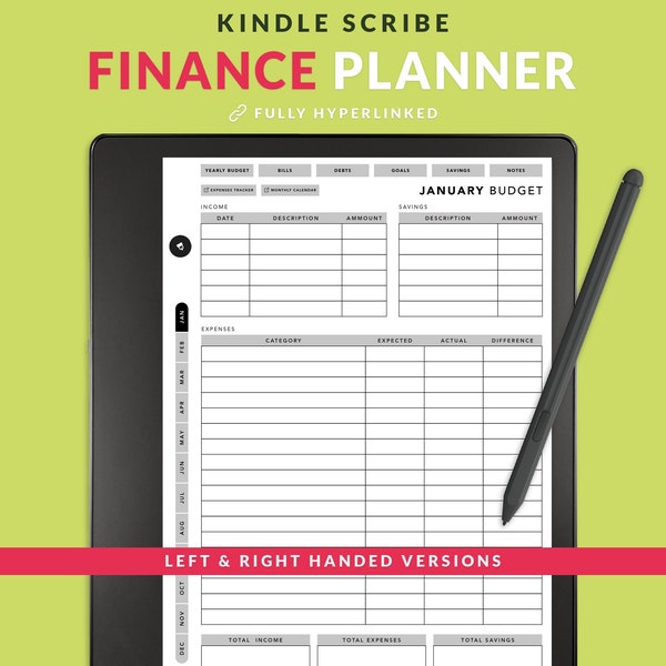 Kindle Scribe Finance Planner, Budget Planner, Hyperlinked PDF, Kindle Scribe Templates, Monthly Budget, Expense Tracker, Savings Planner