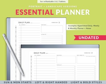 Remarkable 2 Daily Planner, Essential Planner, Monthly planner, Weekly planner, Remarkable 2 templates, PORTRAIT and LANDSCAPE version