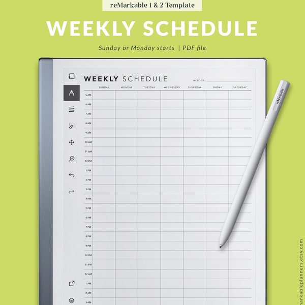 reMarkable Weekly Schedule, Digital Weekly Planner, Hourly Agenda, Weekly Organizer, reMarkable 1 & 2 Template