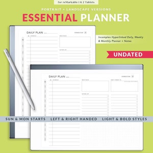 Remarkable 2 Daily Planner, Essential Planner, Monthly planner, Weekly planner, Remarkable 2 templates, PORTRAIT and LANDSCAPE version