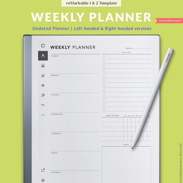 reMarkierbarer Wochenplaner, undatierter digitaler Wochenplaner, Habit Tracker, undatierter Wochenplaner, reMarkable 1 & 2 Template