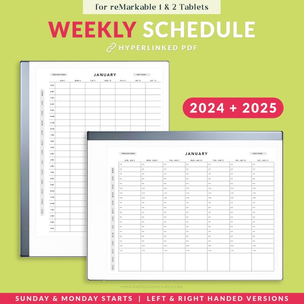 reMarkable 2 Weekly Schedule 2024, 2025, Remarkable Templates, Hourly Agenda, Weekly Organizer