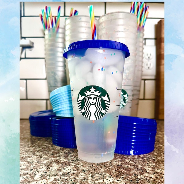 Color changing confetti cup rainbow straw, starbucks cold cup, venti cup, customize cup,