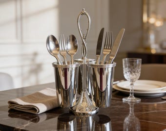 The fork, knife and spoon organizer is made of high quality brass material. It is silver plated.