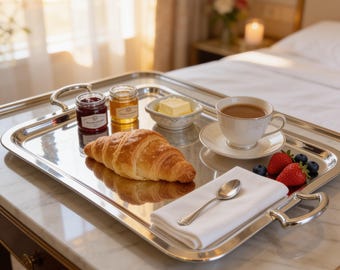 Bandeja retangular elegante de latão - Sirva café, chá e muito mais com estilo e alças