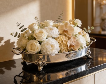 Silver plated serving tray, decorate the interior with accessories, use in your food presentations or flower arrangements.
