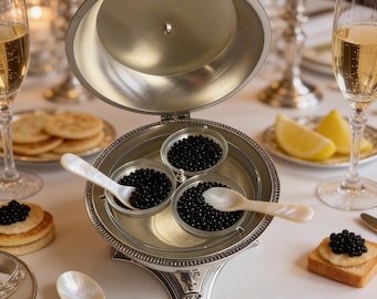 Servidor de caviar de latón plateado hecho a mano, cuenco de caviar de lujo para restaurantes, chefs y presentaciones gourmet.