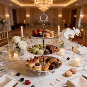 May include: A three-tiered silver serving stand holding an assortment of desserts including strawberries, macarons, chocolates, and small tarts. The stand features a central handle and beaded edges, displayed on a table with candles and flowers.