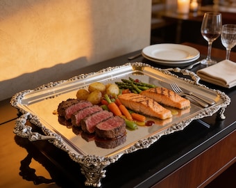 May include: A rectangular silver serving tray with ornate floral embossed edges and four decorative feet. The tray holds a meal of sliced seared steak, two grilled salmon fillets, roasted potatoes, steamed asparagus, and glazed carrots.