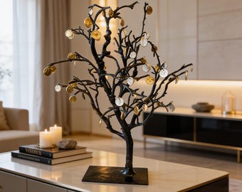 手作りの真鍮製ツリー彫刻：磁器の花、ユニークなホームデコレーション
