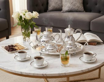 Brass Tea Set Serving Tray Silver Handmade Beverage Party Decor